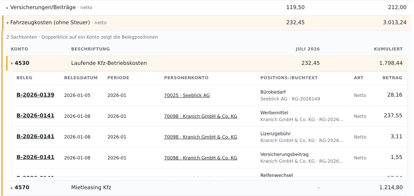 Aufgeklappte Zeile Fahrzeugkosten mit Sachkonten und darunter den einzelnen Belegpositionen
