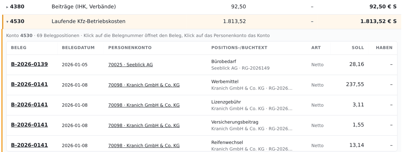 Aufgeklapptes Sachkonto in der Summen- und Saldenliste mit allen Belegpositionen