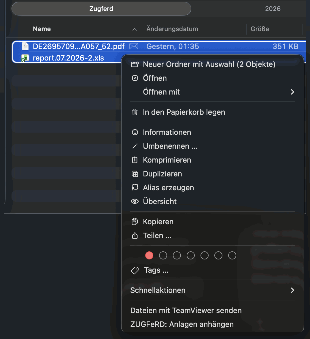Finder-Kontextmenü mit dem Eintrag ZUGFeRD: Anlagen anhängen