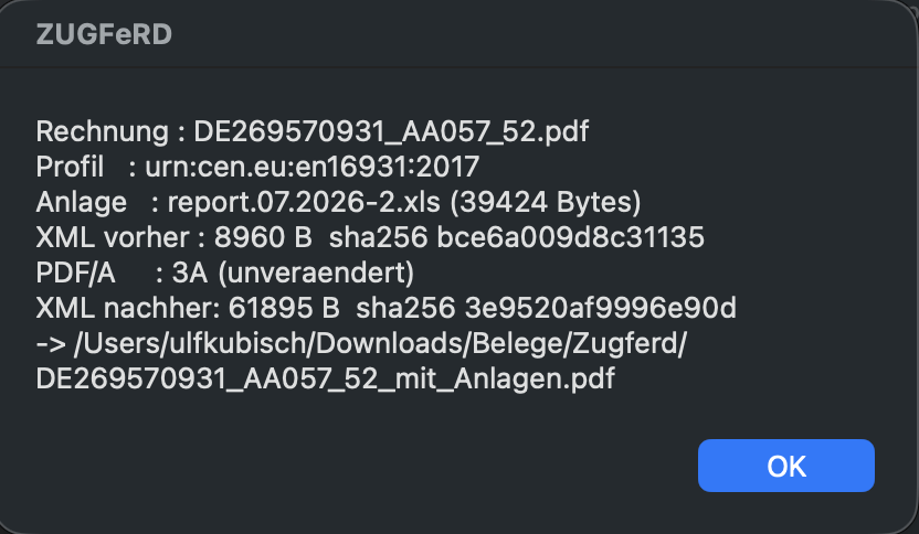 Meldungsfenster mit Profil, PDF/A-Stufe und Prüfsummen
