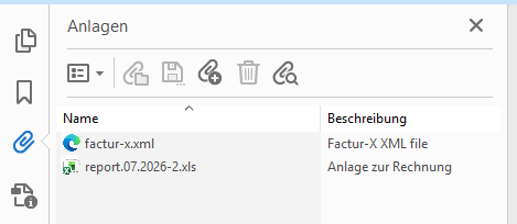 Anlagenbereich eines PDF-Readers mit factur-x.xml und angehängter Datei
